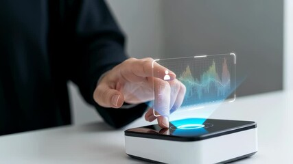 Woman interacting with a biometric scanner for identity verification, displaying data charts and user interface in a futuristic technology concept footage. - Powered by Adobe