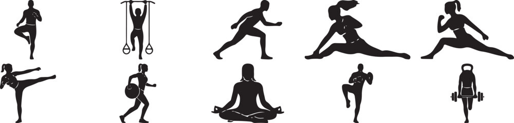 Obraz premium Diverse fitness silhouettes of people exercising and training exercise workout