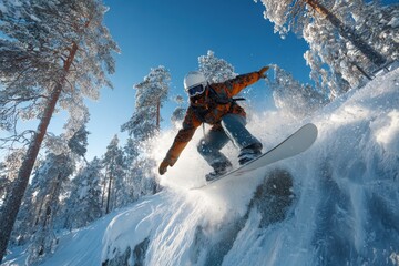 Snowboarder speeding down snowy slope in forest