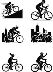 Obraz premium Six black silhouette illustrations of people riding bicycles in various settings cycling