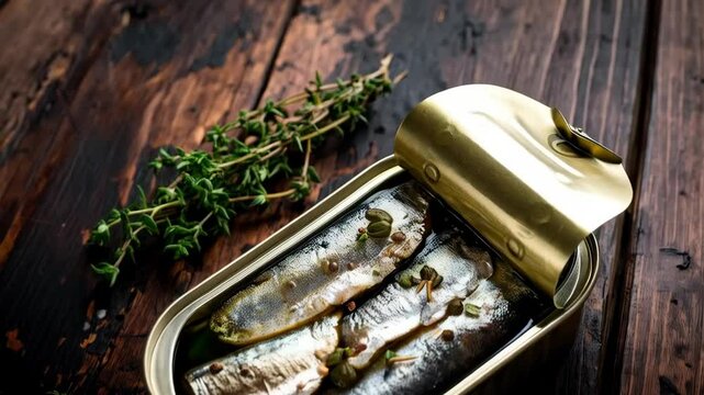 Canned sardines in oil topped with green capers in metal tin with thyme sprig on rustic dark wood surface, oily fish delicacy