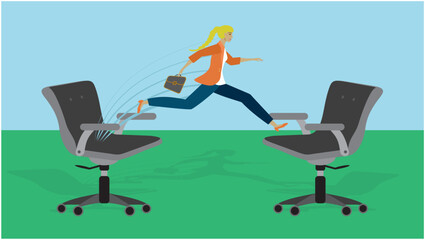 Woman jumping to new job. Big jump to another chair. Dimension 16:9. Vector illustration.