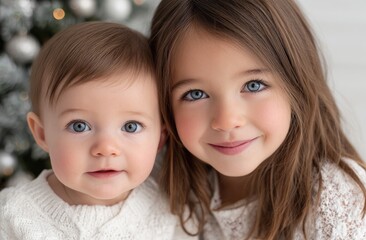 A happy boy and his baby sister standing next to a Christmas tree, against a white background