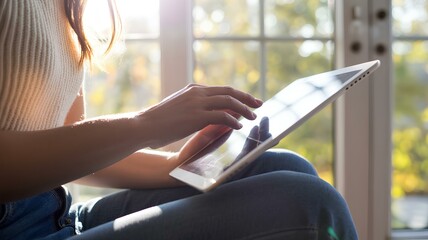 Woman relaxing with a slowtech tablet, enjoying tech in a serene setting