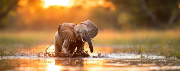 Elephant calf playing in puddle at sunset