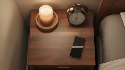 Slowtech still life featuring a candle, alarm clock, and smartphone on a bedside table