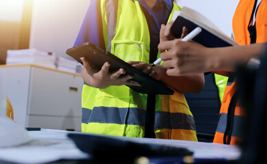 Closeup of team of industrial engineers meeting analyze machinery blueprints consult project on...