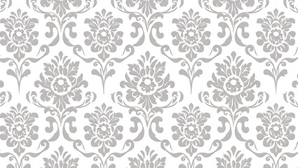 Elegant Gray Damask Seamless Pattern:  Ornate Floral Wallpaper Texture, Vintage Style Background Design.