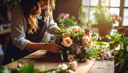 Floral Artist Creating a Stunning Bouquet in a Sunny Workshop