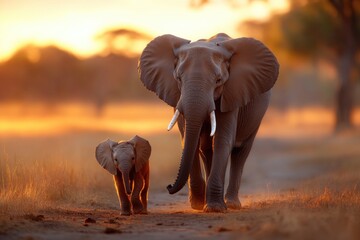 Elephant family at sunset