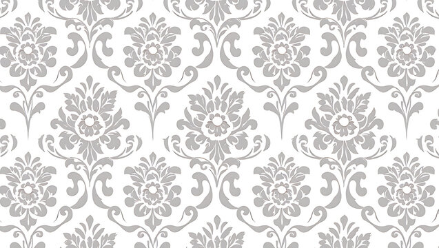 Elegant Gray Damask Seamless Pattern:  Ornate Floral Wallpaper Texture, Vintage Style Background Design.