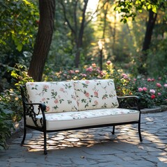 Elegant outdoor garden bench with rose pattern cushions