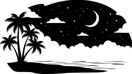 beach with palm tree line art silhouette vector illustration
