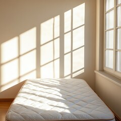 Empty bed sunlight shadows room