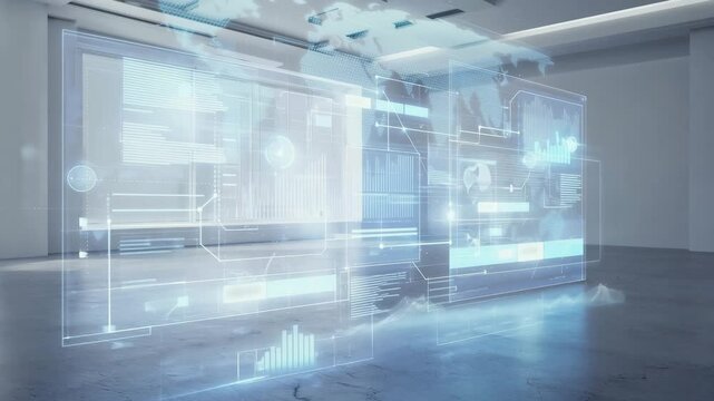 Futuristic transparent digital interface with data visualization and holographic HUD elements in a modern office interior. High tech virtual screen concept for business innovation, technology.