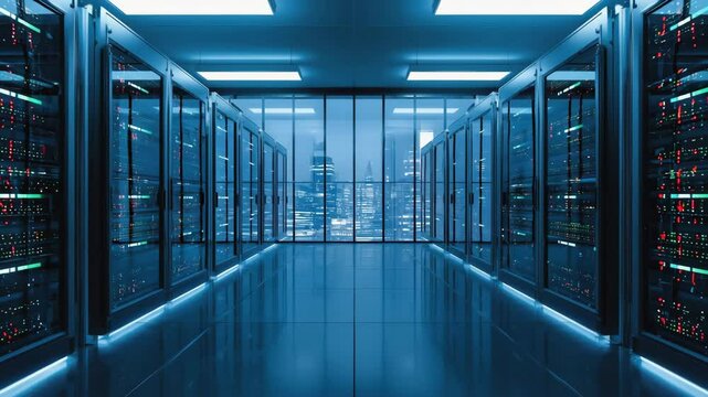 High tech modern data center server room with glowing network servers and glass wall showing city skyline at night. Concept of cloud computing, data storage, cybersecurity, and information technology 