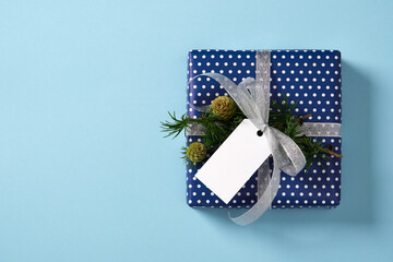 Blue gift box with silver ribbon, larch twig, and blank tag for your text. Blue background, space...