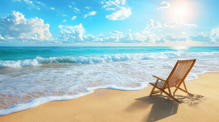 A wooden lounge chair sits invitingly on golden sand as ocean waves gently lap the shore. The bright summer sky is filled with fluffy clouds, creating a peaceful coastal atmosphere