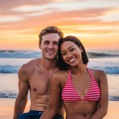 Fototapeta premium happy young couple on the beach. portrait of living young couple at the beach. romantic couple love concept.