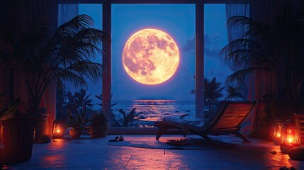 Large moon seen through a window overlooking a tropical beach at night.