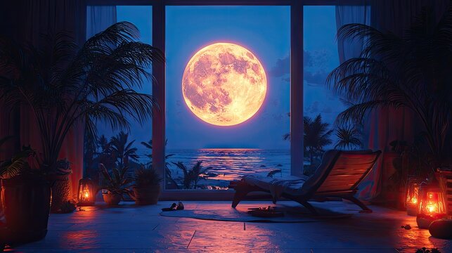 Fototapeta Large moon seen through a window overlooking a tropical beach at night.
