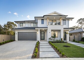 A modern duplex house, high-resolution, clean architectural design, two stories, mirrored layout with separate entrances, landscaped front yard, white and grey exterior, sunny daylight, blue sky backg
