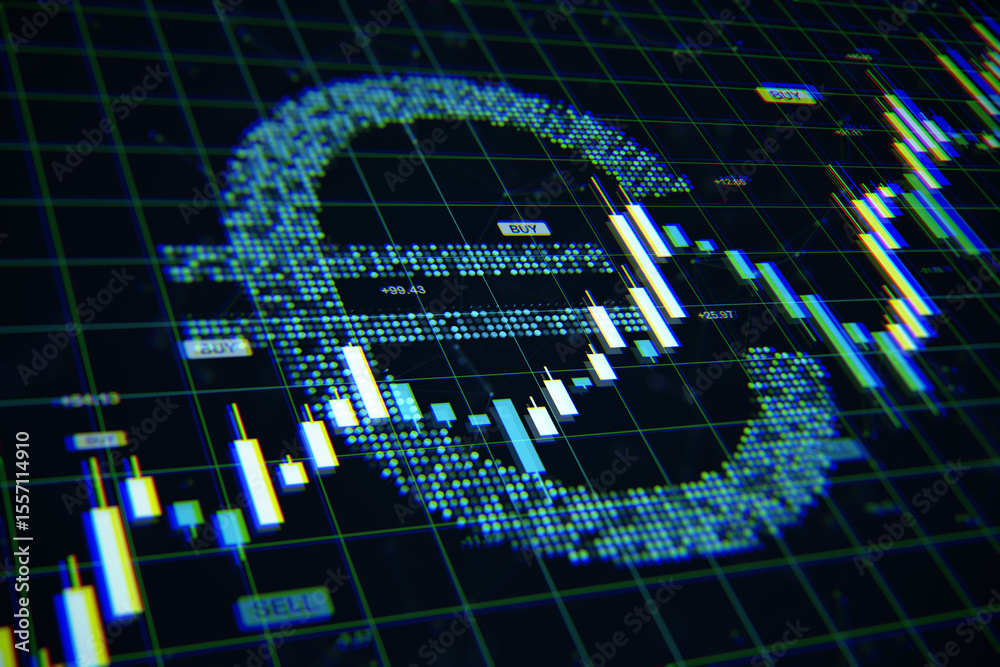 Aufkleber Euro symbol formed from digital dots with candlestick chart overlay on futuristic grid screen representing currency exchange and financial market data. 3D Rendering