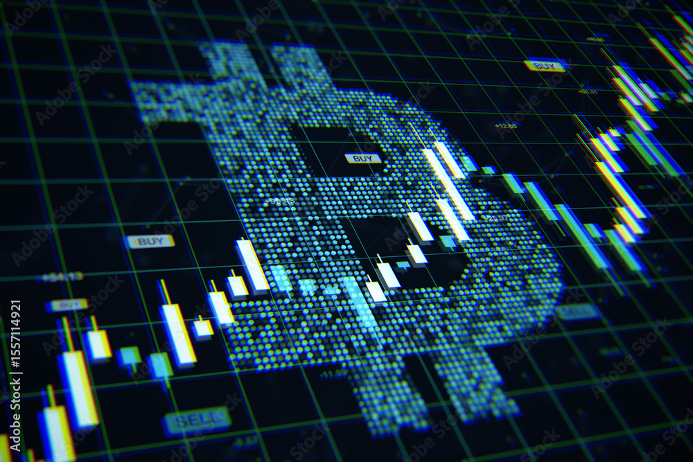 Poster Glowing bitcoin symbol formed by digital pixels with financial candlestick chart on dark grid background representing cryptocurrency market trends. 3D Rendering