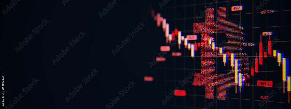 Aufkleber bitcoin crash concept with red candlestick chart and digital btc icon on dark grid background showin
