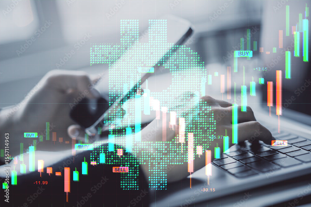 Poster Bitcoin trading with smartphone and laptop showing digital market data and cryptocurrency candlestick chart on technology background..