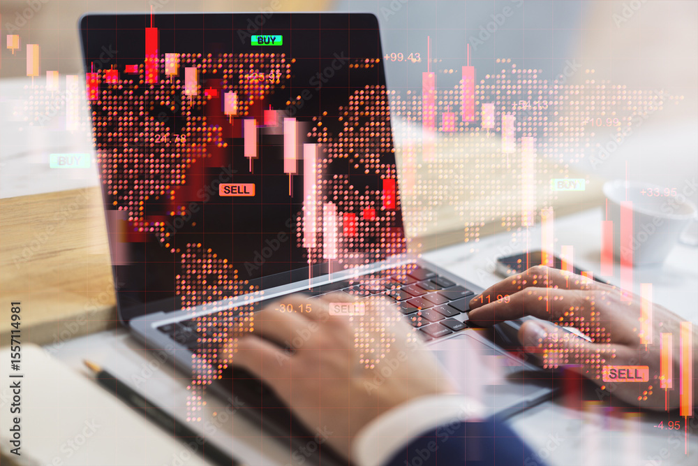 Poster financial trader analyzing global stock market crash with red downward charts on laptop screen at of
