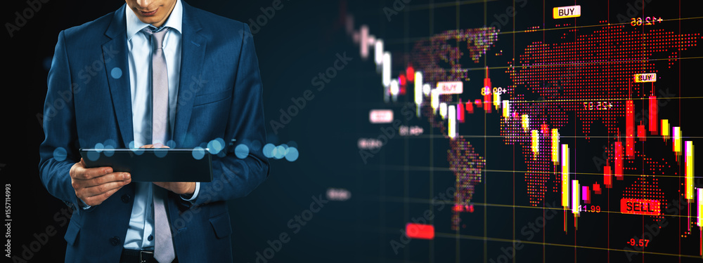 Poster businessman using digital tablet with global stock market crash chart showing red downward trend and