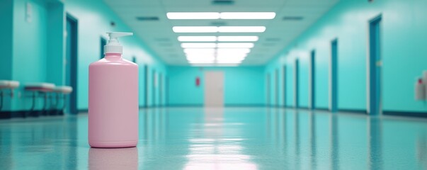 Empty hospital corridor with hand sanitizer
