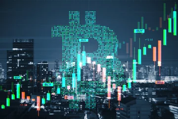 Fotobehang Bitcoin symbol with financial market candlestick chart over city skyline at night showing cryptocurrency investment and trading concept. © Who is Danny