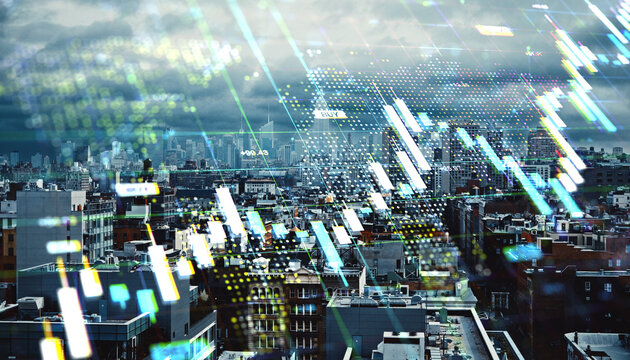 City skyline with financial charts and digital data overlay representing economic growth and market investment trends in urban development context. - Powered by Adobe