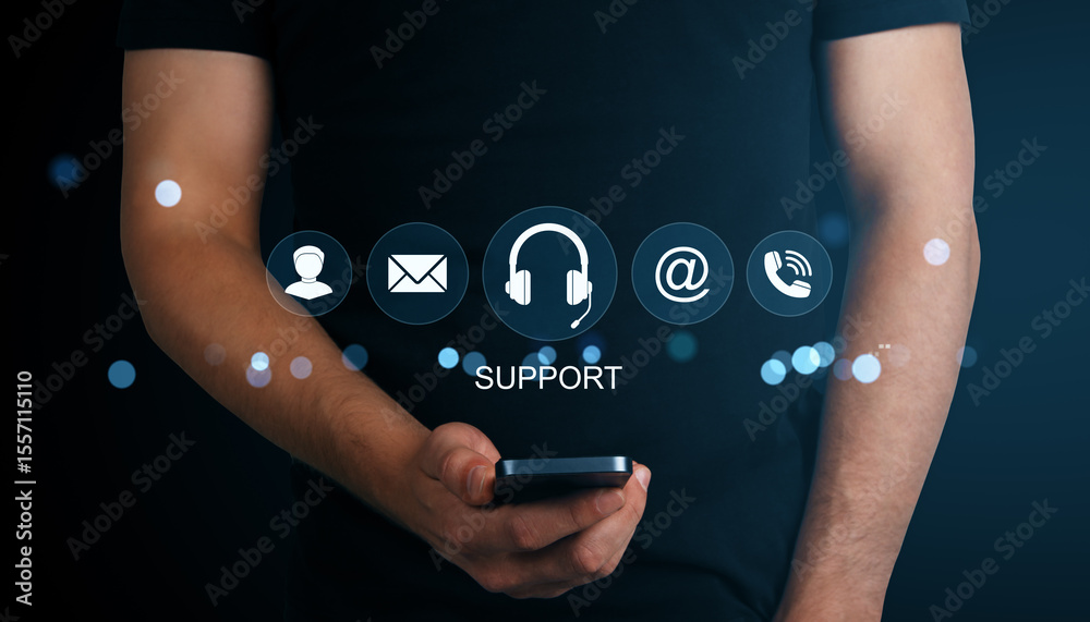 Poster Man holding smartphone with glowing virtual icons representing online customer support options on dark background with blue light effects.