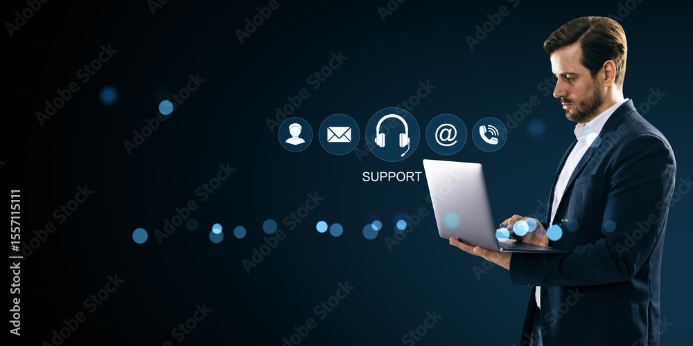 Aufkleber businessman using laptop for professional online support with communication icons on dark background
