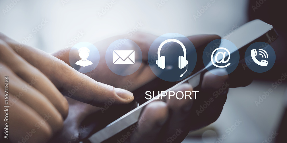 Poster Close-up of hand using smartphone with floating icons representing online support, communication, and customer service tools on blurred background.