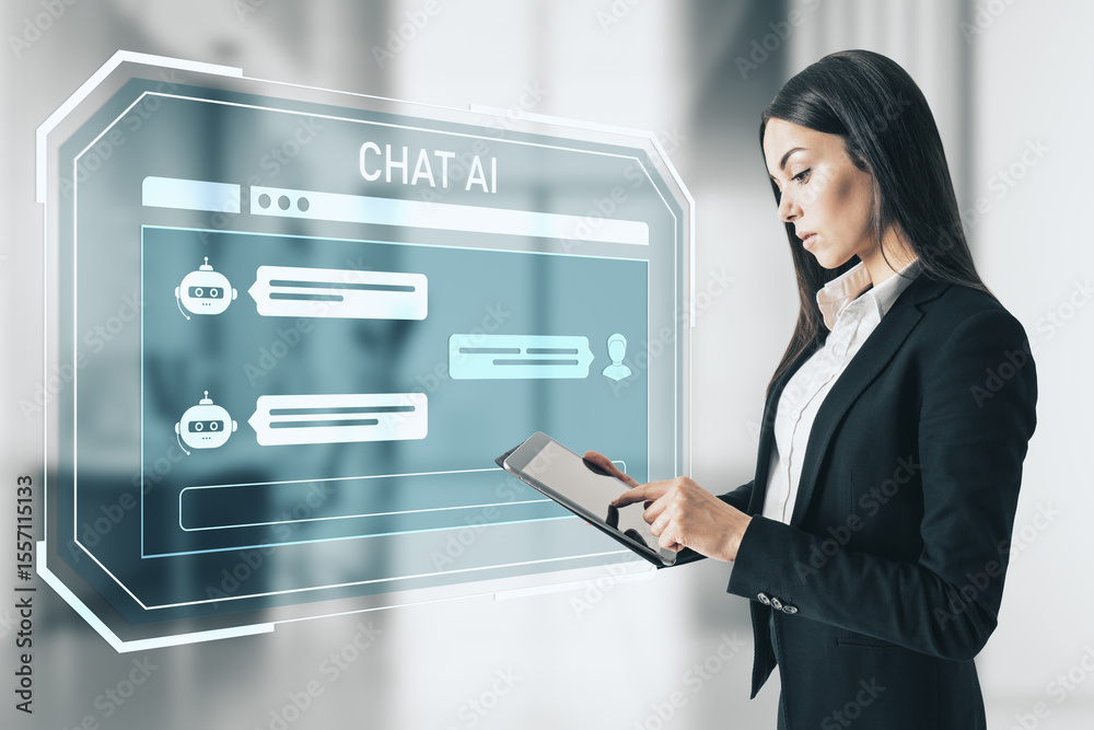 Poster businesswoman interacting with futuristic chat ai interface using tablet in modern digital workspace