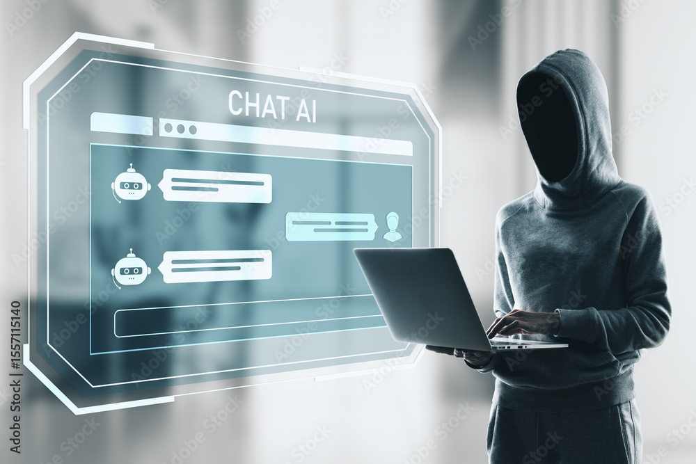 Poster Anonymous person in hoodie interacting with futuristic chat AI interface on digital screen in modern tech environment with soft lighting effect.