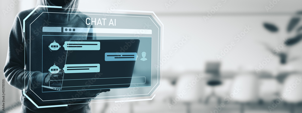Aufkleber person using laptop with chat ai interface displayed as holographic screen in modern digital office 