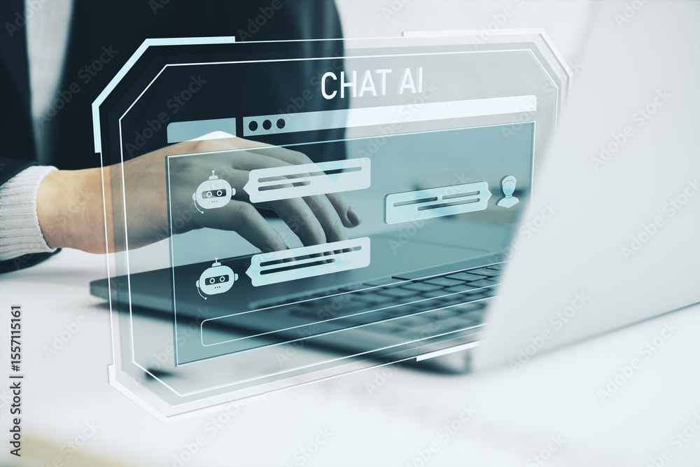 Poster Person using laptop with holographic chatbot interface representing AI-powered communication and virtual assistant technology in modern workspace.