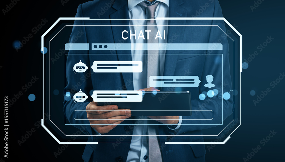 Poster Businessman using tablet with futuristic CHAT AI interface and chatbot icons on digital screen representing online communication and virtual support.