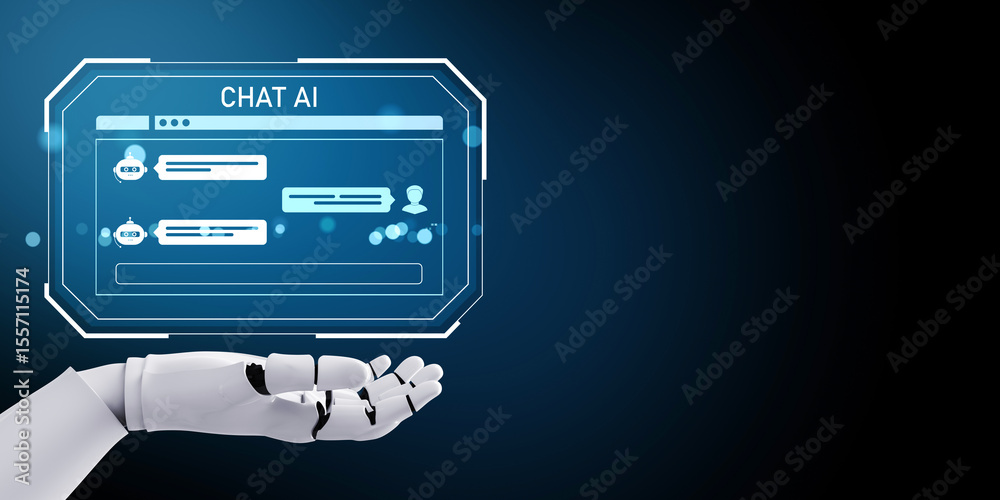 Leinwandbilder Robotic hand holding virtual chat AI interface with chatbot conversation on futuristic glowing screen over dark tech background concept display. 3D Rendering