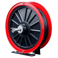 Black and red cable winch drum with centered axle on neutral background on transparent background