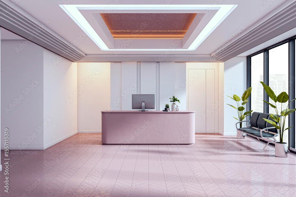 Poster modern reception desk in stylish office lobby with large windows, city view, elegant ceiling lightin
