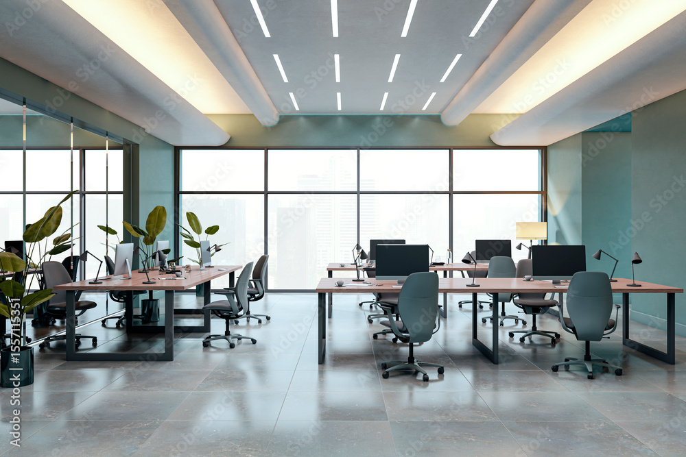 Aufkleber Modern empty coworking office interior with minimalist desk setup, ceiling lights, and city view through large backlit windows. 3D Rendering. 3D Rendering