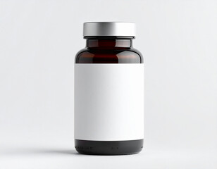 Amber glass bottle with a blank white label, silver cap, against a plain white background.