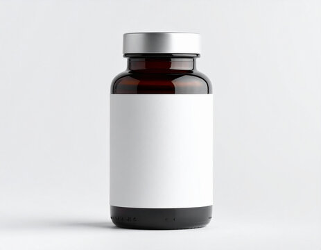 Amber glass bottle with a blank white label, silver cap, against a plain white background.