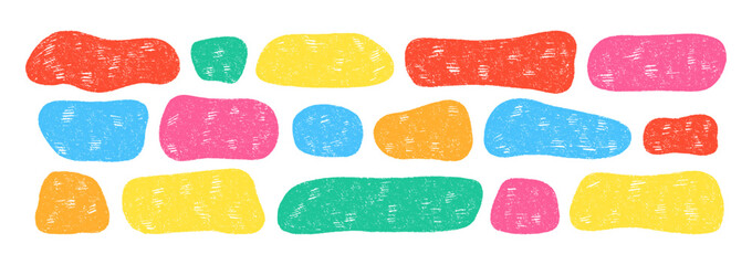 Set of liquid shapes with organic texture of crayon, chalk or pastel . Stamps with freeform shapes. Color vector illustration on a white background.